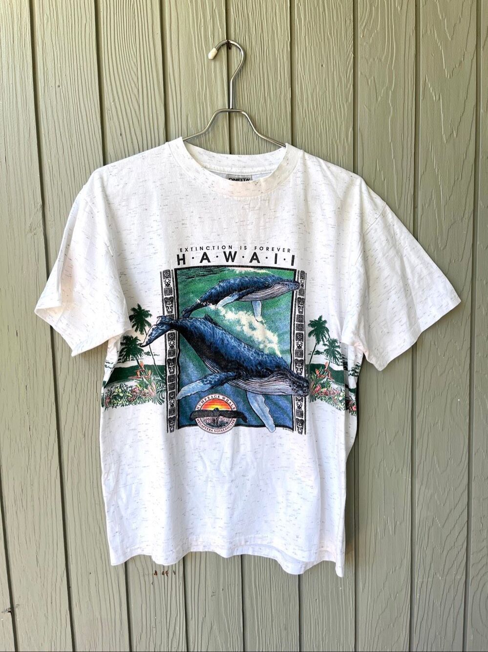 VTG 90s Hawaii Humpback Whale Graphic Tee L Single Stitch USA Double Sided Natur